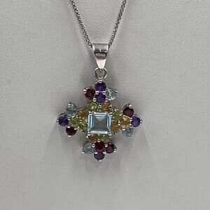 Sterling Silver Multi Color Gemstones Signed Cross Pendant Necklace Garnet Topaz